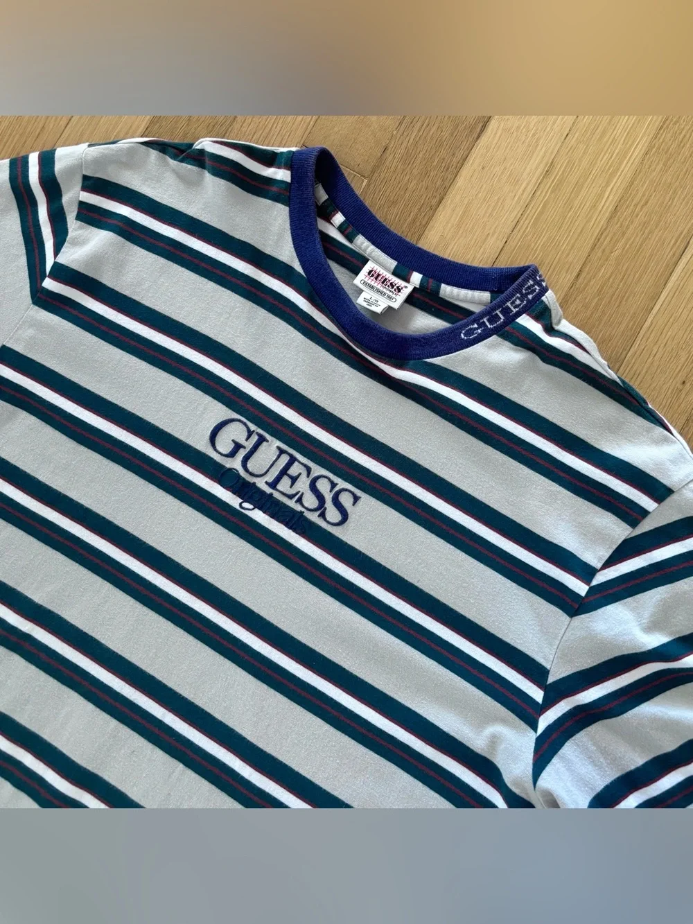Vintage 90s Guess Originals Shirt Mens Large Embroidered Collar Cream Green - Picture 1 of 9